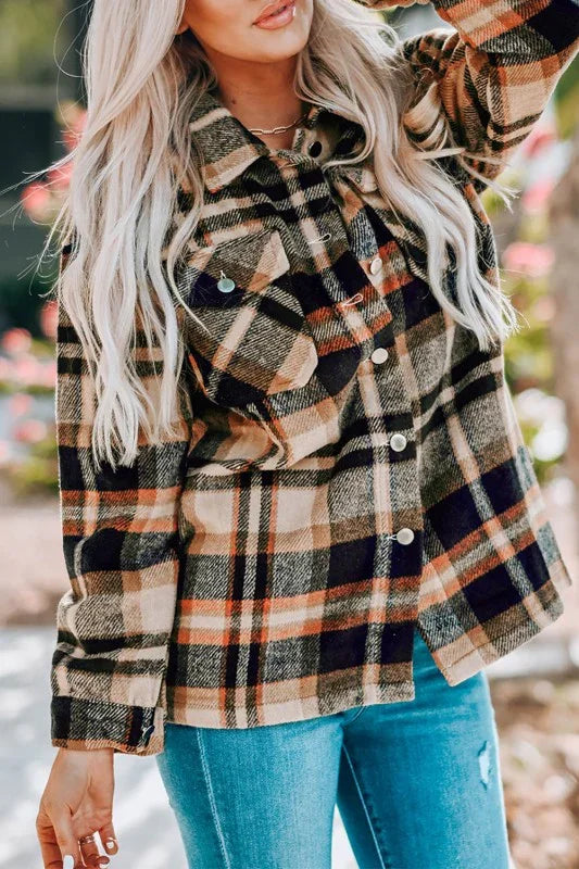 Plaid Pocketed Button Front Shacket - BeautySecrets4u
