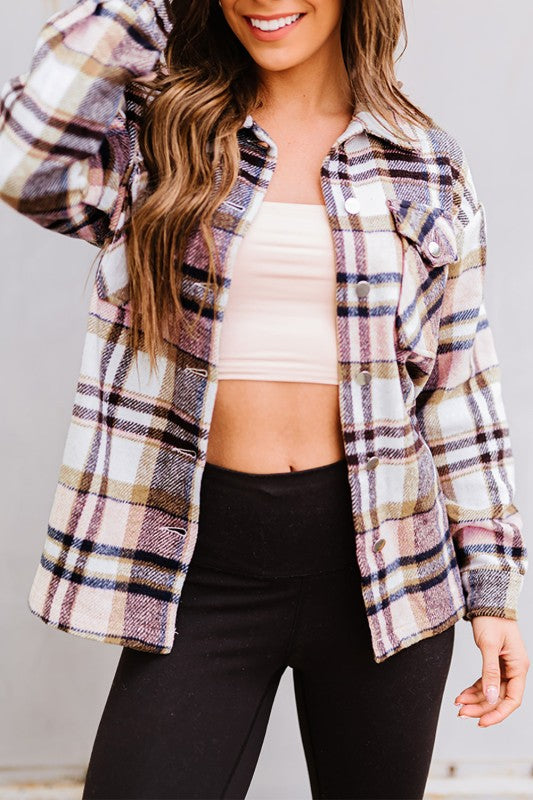 Plaid Pocketed Button Front Shacket - BeautySecrets4u