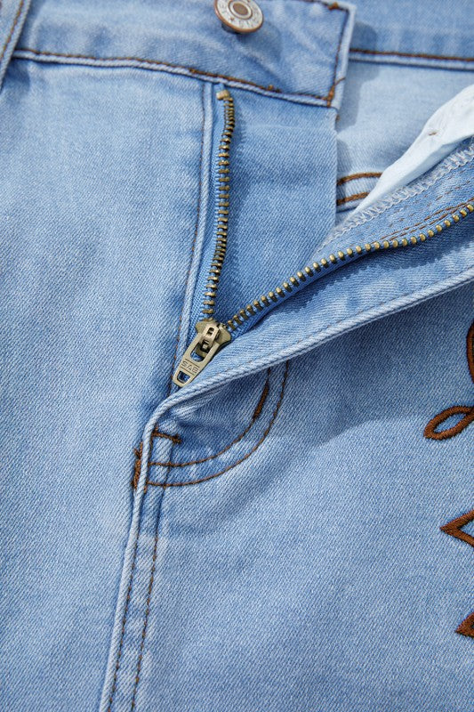 Western Embroidered Denim Mini Skirt - BeautySecrets4u